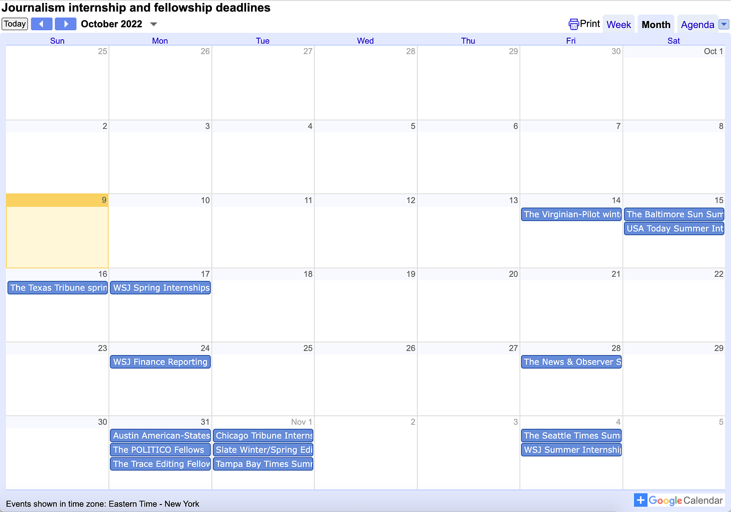 A calendar shows internship deadlines for WSJ, Chicago Tribune, the Tampa Bay Times and more.