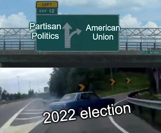 A car swerves sharply to take the American Union exit off of the 'Partisan Politics' highway.