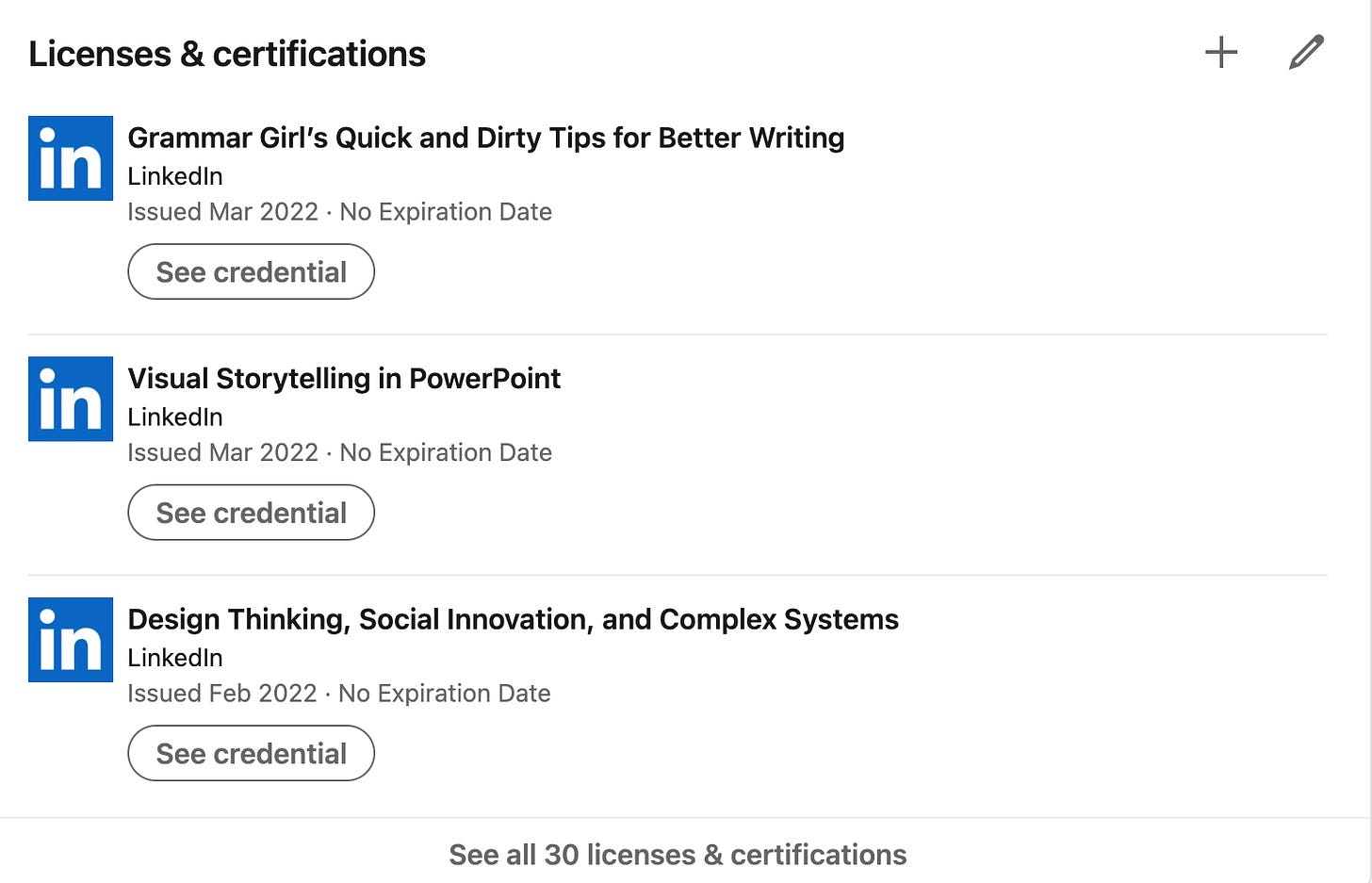 JOe's LinkedIn Learning licences and certifications list from his profile...