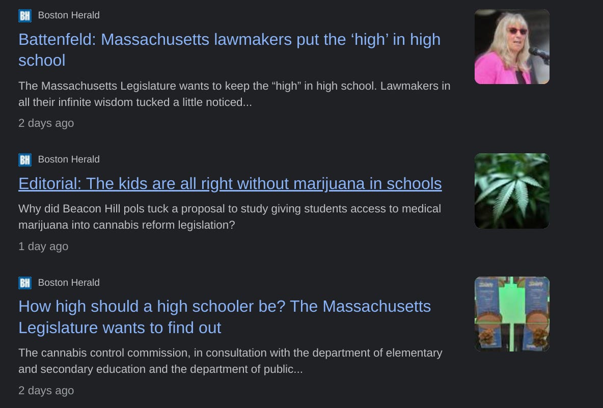 A screenshot of three stories released a day apart by the Herald, lamenting the fact that state legislators want to study the issue of administrating medical cannabis in schools. 