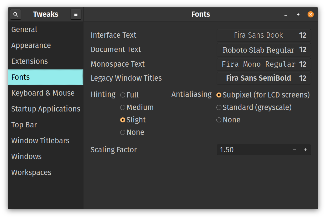 Gnome Tweaks screenshot showing a font scaling factor.