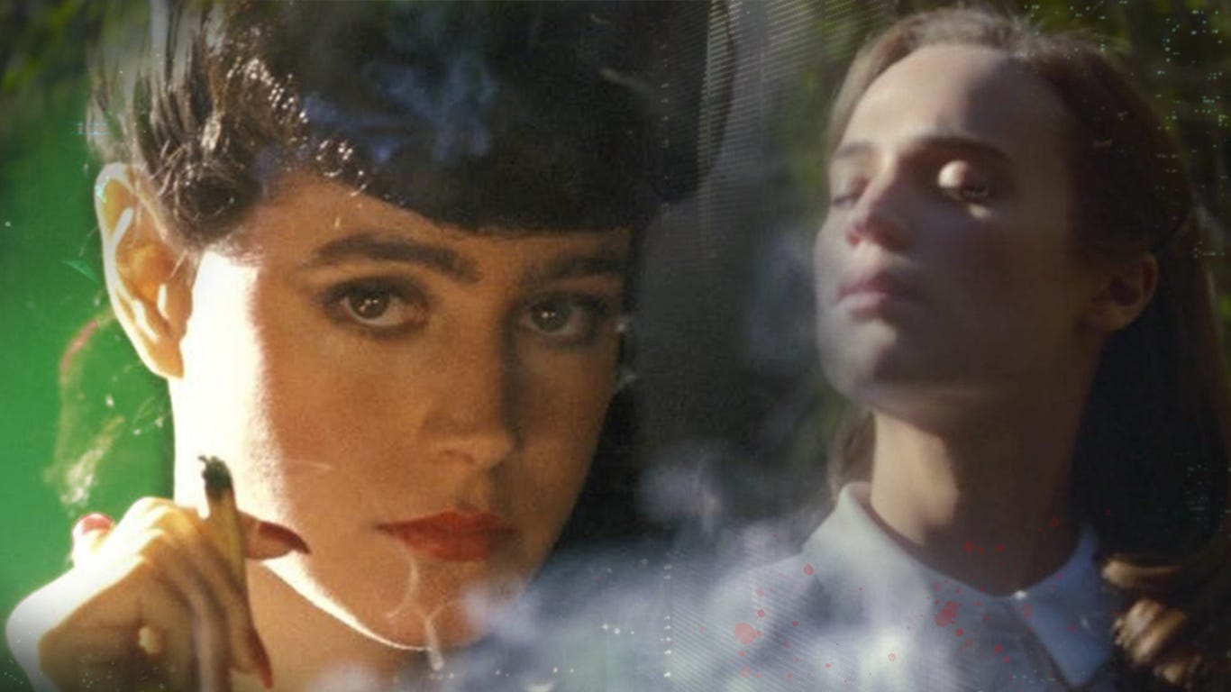 A photo collage of Sean Young as Rachael in Blade Runner and Alicia Vikander as Ava in Ex Machina