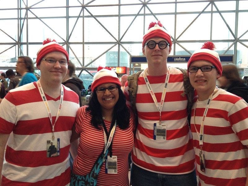 A bunch of people dressed as Waldo.