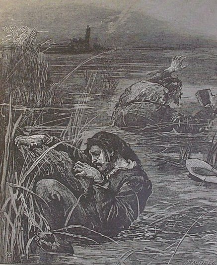 Drawing of man trying to crawl out of a swamp