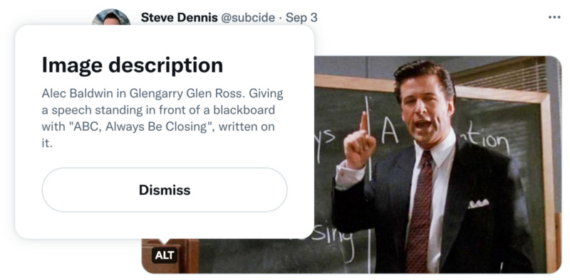 A tweet of an image with the caption: “Alec Baldwin in Glengarry Glen Ross. Giving a speech standing in front of a blackboard with “ABC, Always Be Closing”, written on it.”