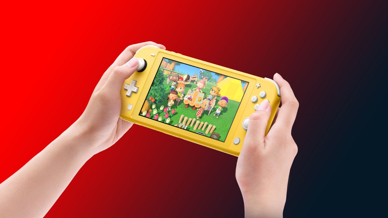 A person holding a Nintendo Switch Lite playing Animal Crossing