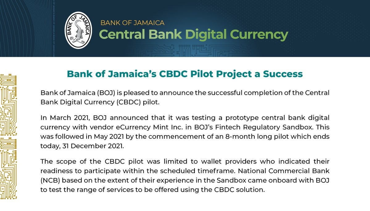 Bank of Jamaica on Twitter: &quot;Bank of Jamaica&#39;s CBDC Pilot Project A Success  View the Press Release: https://t.co/bzSxT1SRg1 #BOJspeaks  https://t.co/VD14APuMyU&quot; / Twitter