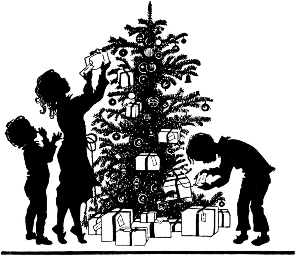 Christmas morning tree family presents gifts silhouette image