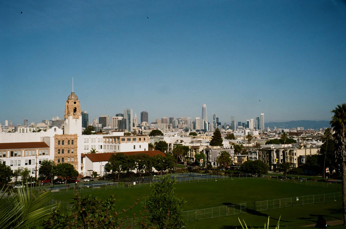 Film picture of Mission Dolores Park, in San Francisco, overlooking the city's skyline