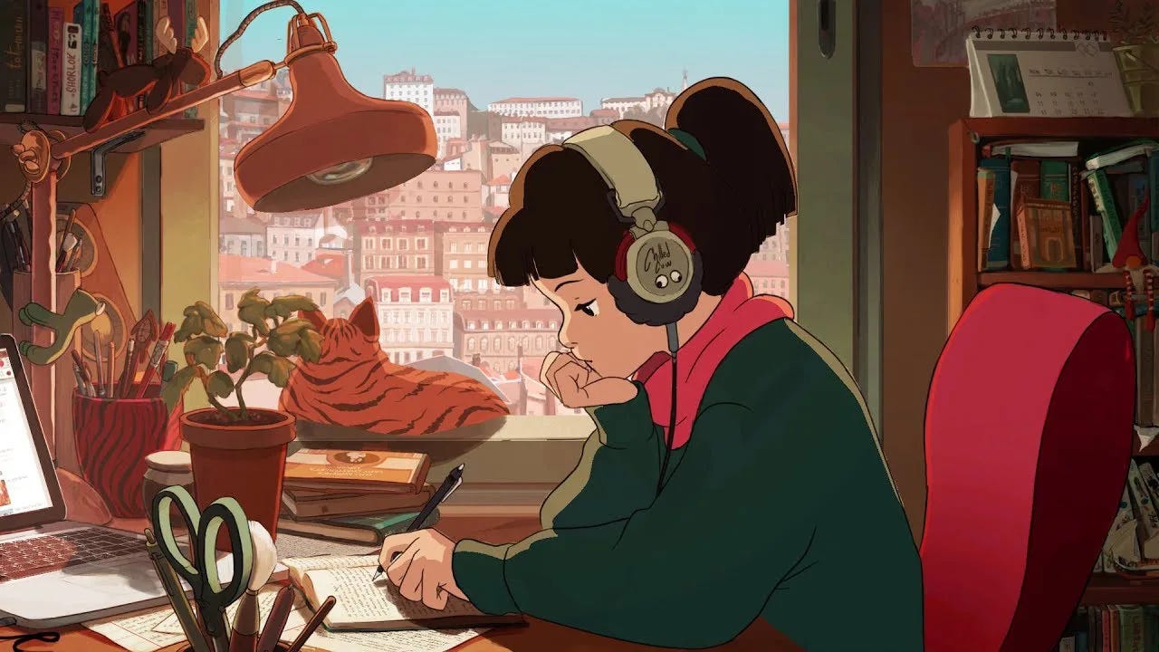 Cartoon of a girl at a desk studying while wearing headphones