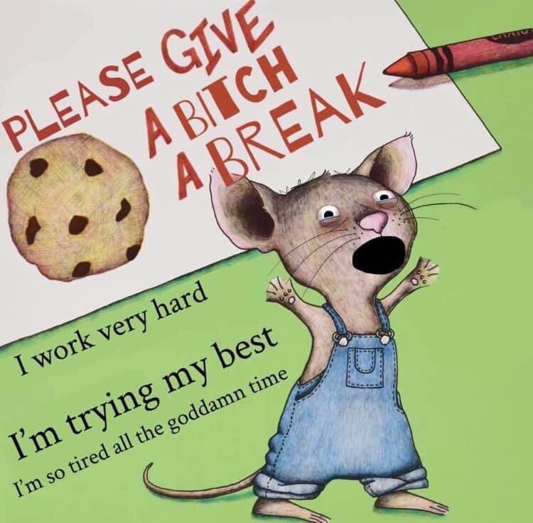 Meme of the cover art for the children’s book “If You Give a Mouse a Cookie.” Text: “Please give a bitch a break. I work so hard. I’m trying my best. I’m so tired all the goddamn time.”