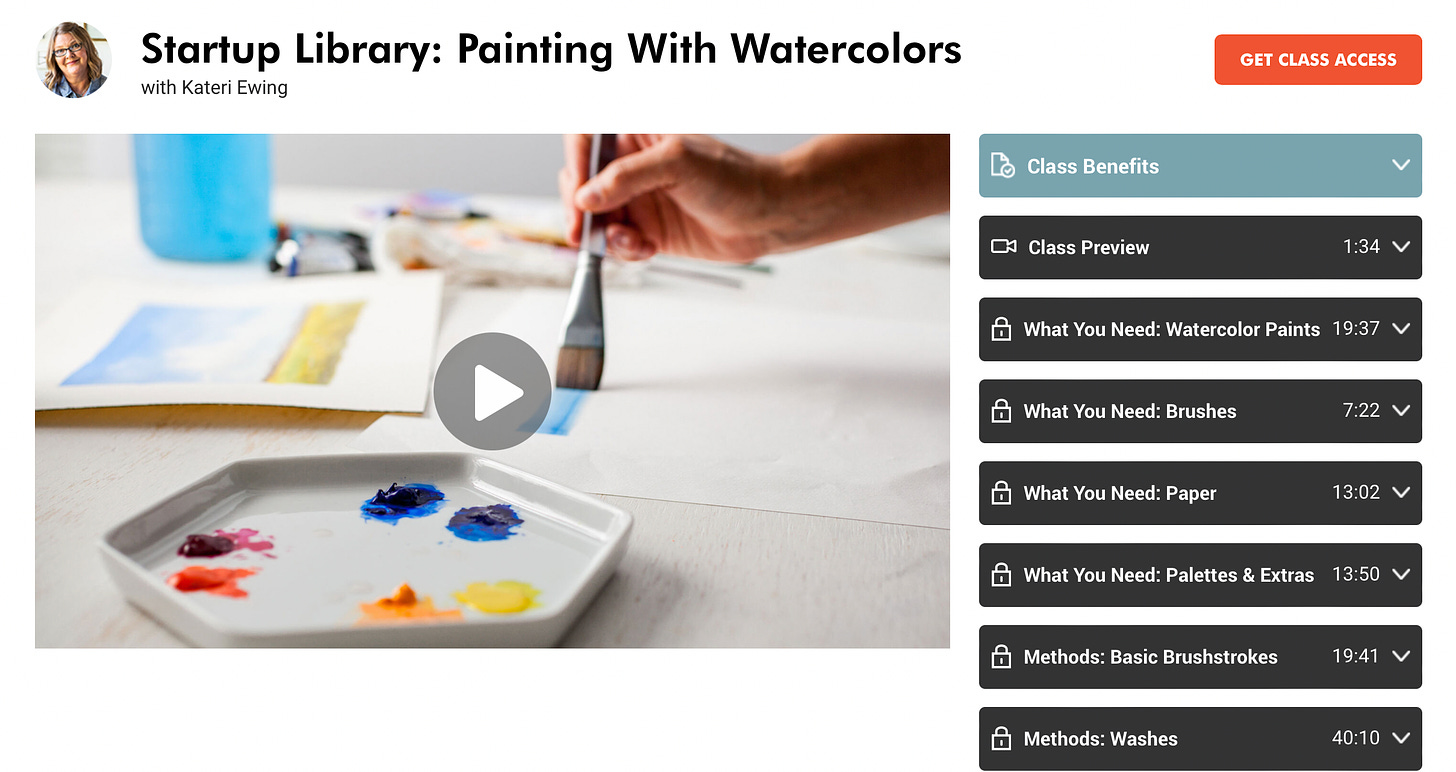 image: screenshot of the cover page for the course Startup Library: Painting With Watercolours with Kateri Ewing on Craftsy.