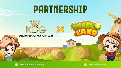 May be a cartoon of text that says 'PARTNERSHIP ...*. KDG KINGDOM GAME 4.0 LAND www.kingdomgame.org www.midoland.io'