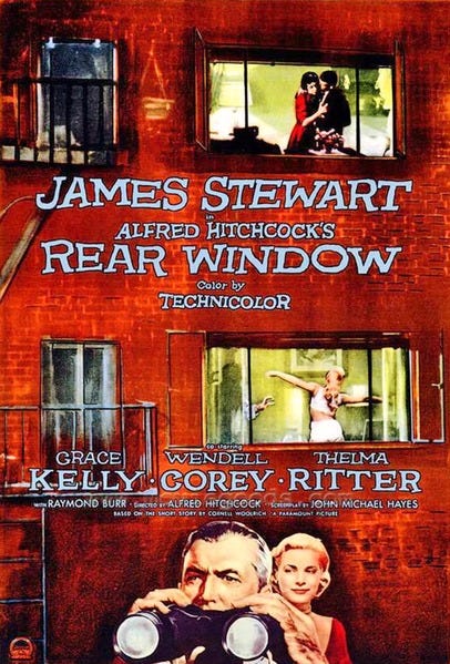 May be an image of 2 people, brick wall and text that says 'JAMES STEWART ALFRED HITCHCOCK'S REAR WINDOW Color by TECHNICOLOR GRACE WENDELL THELMA KELLY COREY RITTER RAYMOND BURR HCPALFRED ALFRED HITCHCOCK Kie JOHN MICHAEL HAYES 84140 1ot CHRSU'