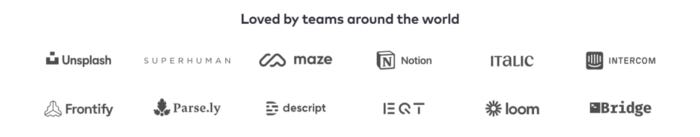Text reads: “Loved by teams around the world.” Below that are a set of 14 logos of a wide range of companies.