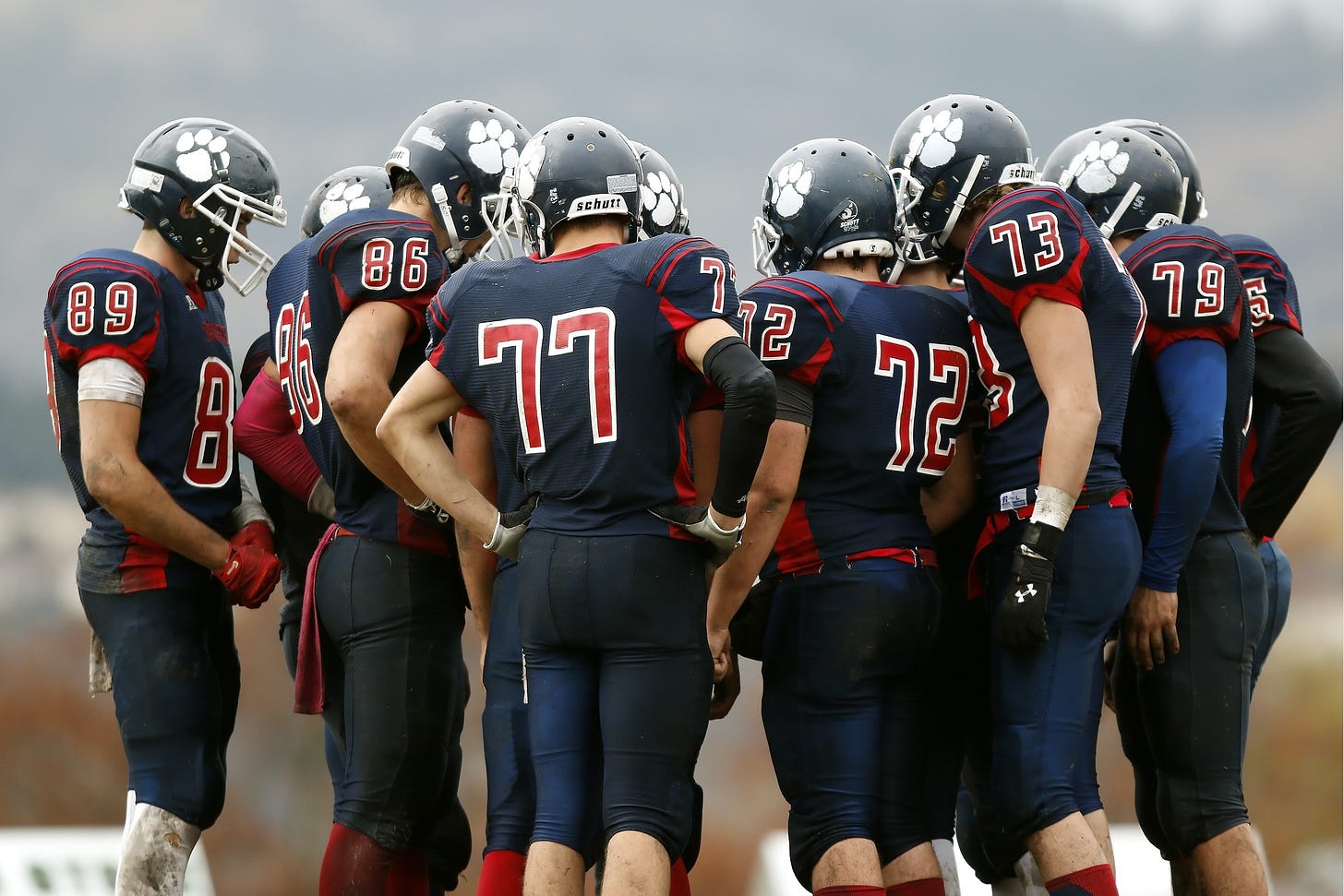 a football team in dark blue and red