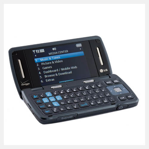 Photo of Env3 phone flipped open, showing a screen and QWERTY keyboard.