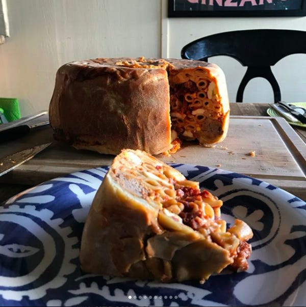 If you’ve seen Big Night (1996), you know about the famous timpano. Loyal subscribers Lynna and Peter (with help from loyal subscriber Erin) successfully re-created the dish this weekend at our book club’s annual retreat in Aptos. Inside the crust you’ll find ziti with sauce, sausage, meatballs, cheese, and hard-boiled eggs.