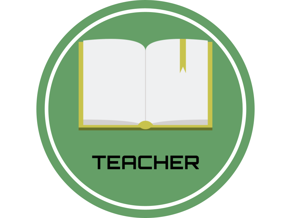 Graphic of an open book with the word, "teacher" underneath, set in a green circle with a white border.