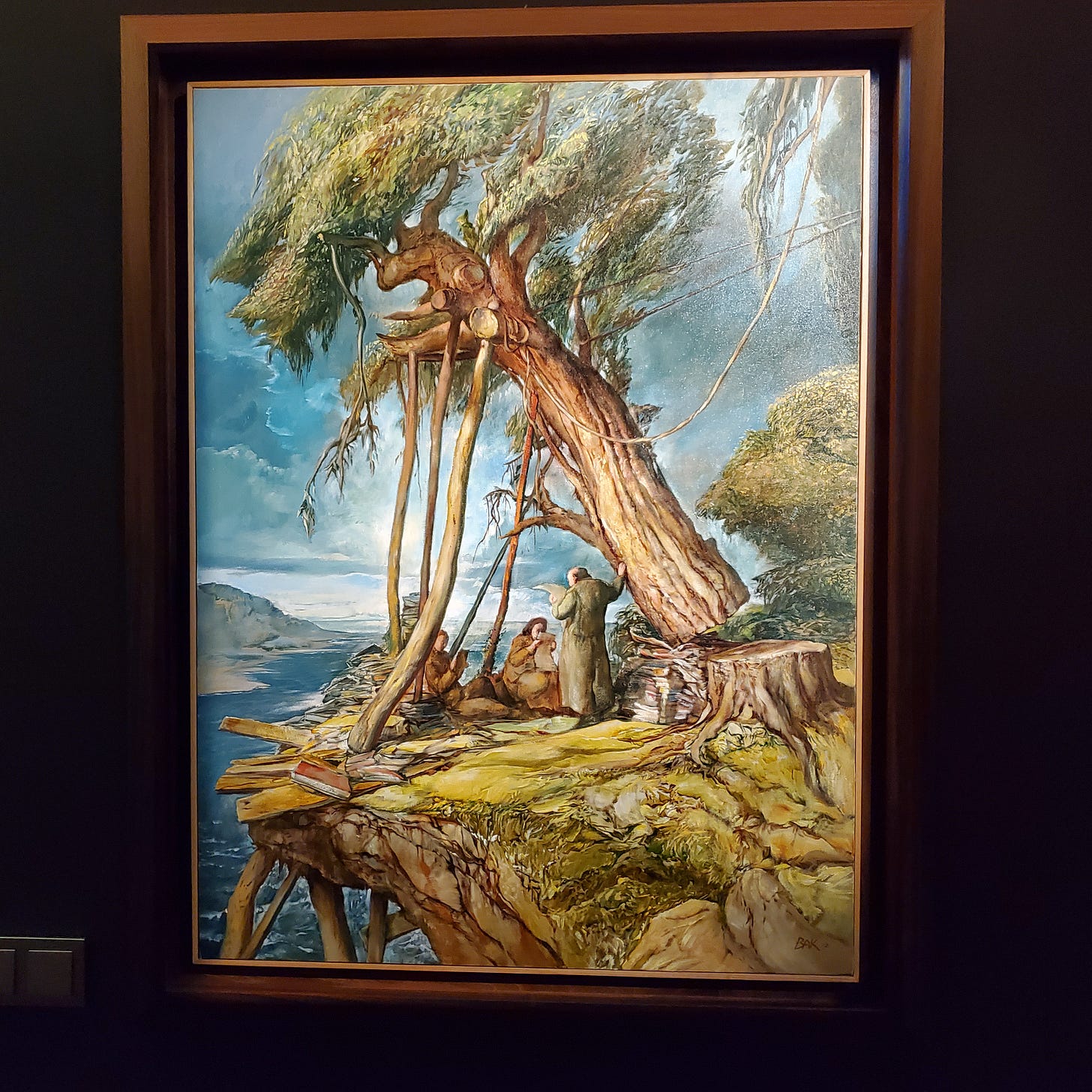 A painting of three people reading under a severed tree, reminiscent of a style of Vilna grave marker. 