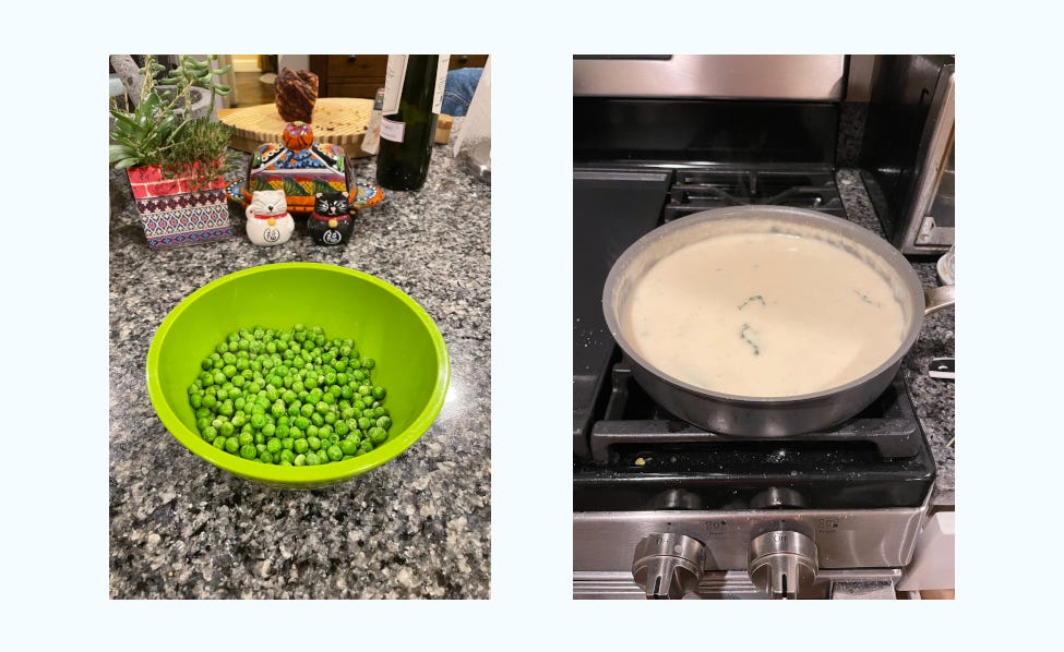 a picture of a green bowl filled with peas on the left, a saucepan filled with bechamel sauce on the right