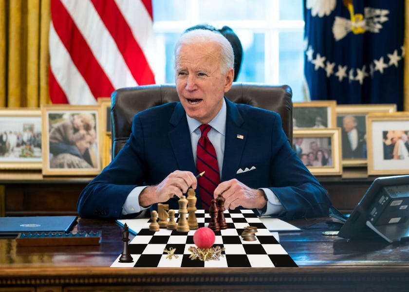 Obviously fake photo of President Biden playing chess. The cartoon chess board in front of him displays several chess pieces, as well as a stack of coins, and a pile of jacks (it's an old timey game, I think, and there's a ball).