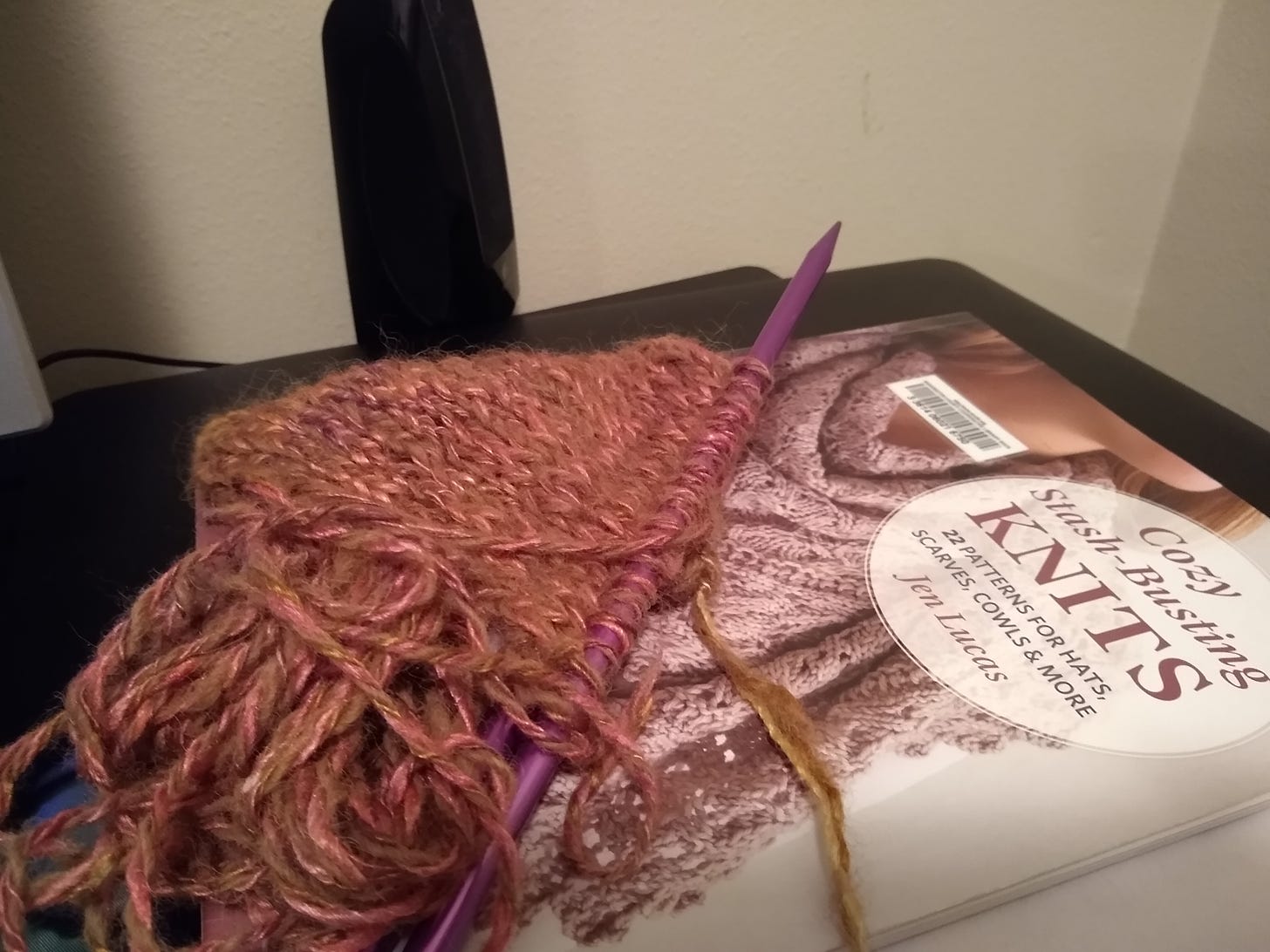 Cozy Stash-Busting Knits by Jen Lucas with a knitting needle and some knitting and yarn on top of it