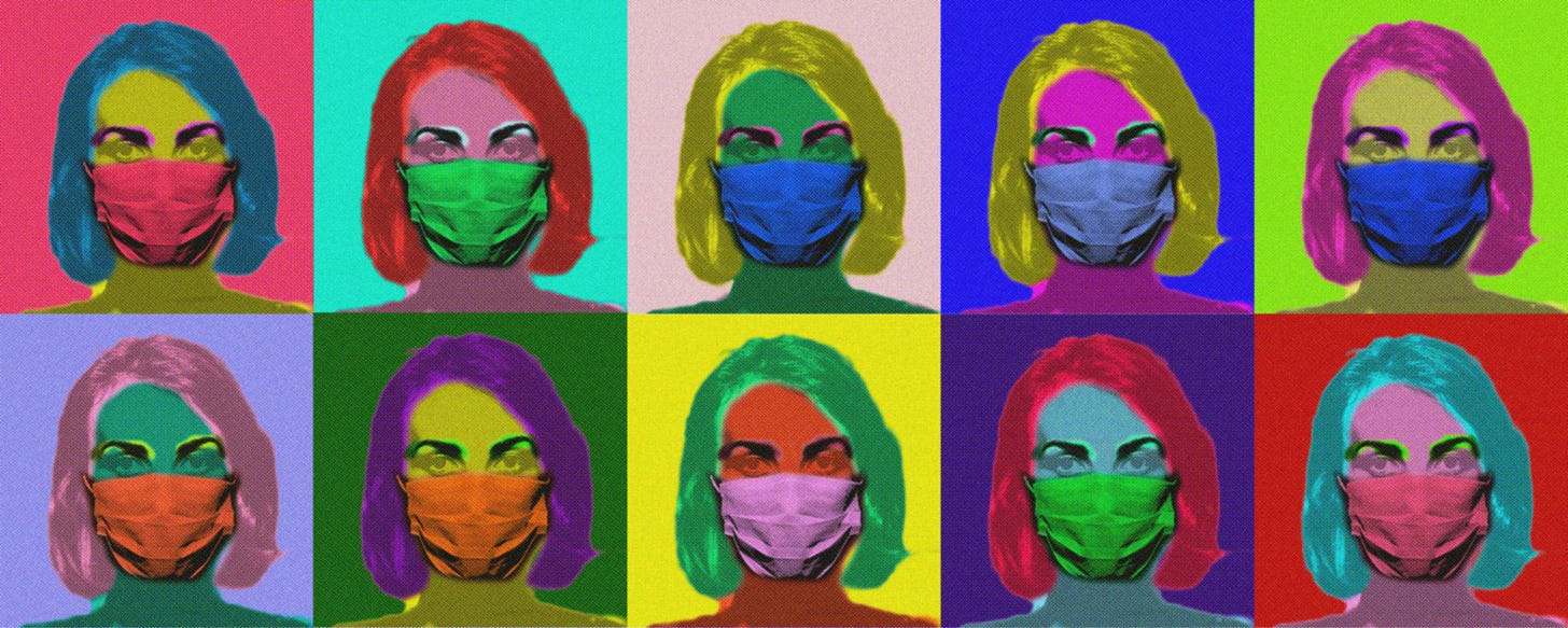 Andy Warhol style digital art with a women wearing a mask in colorful silk screen colors in a repeated grid.