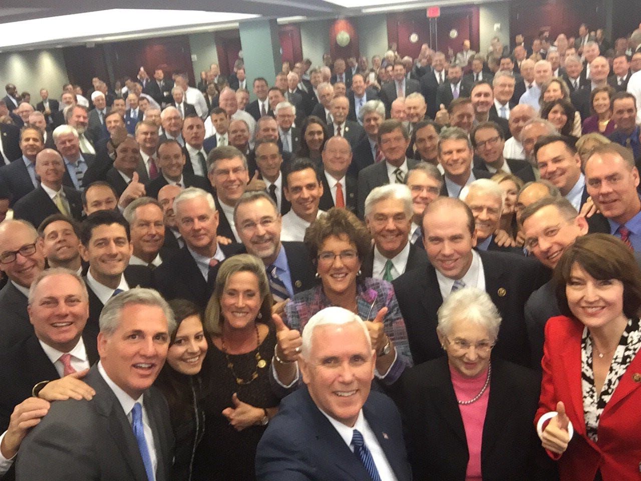 A photo of the (almost entirely white) Republican coalition. Mike Pence and congressional Republicans, shortly after the 2016 election.