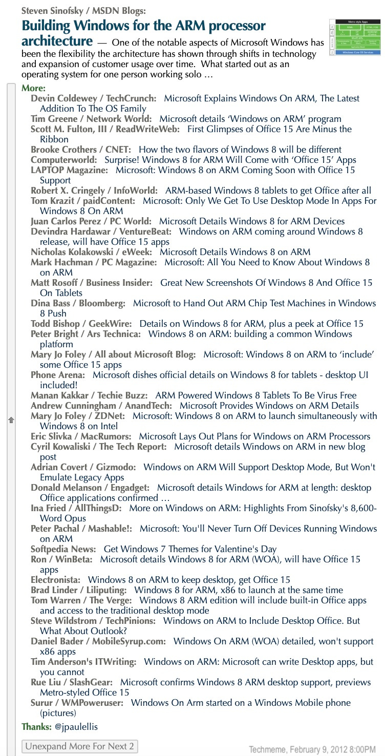 A screenshot of the Techmeme website with coverage of the Windows on ARM blog post. There are many stories.