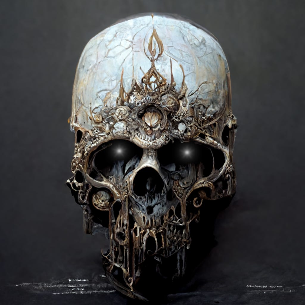 The skull of the Iron Lich with a dead star's light in their eye sockets. 

As created on Midjourney with the terms: skull of the iron lich in the style of raymond Swanland + ornate + highly detailed + concept art