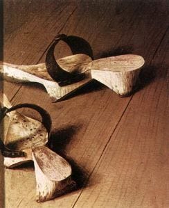 Clogs: detail from Jan Van Eyck&#39;s The Arnolfini Portrait, painted in 1434  in Bruges. #fashion #shoes | Arnolfini portrait, Jan van eyck, Medieval  shoes