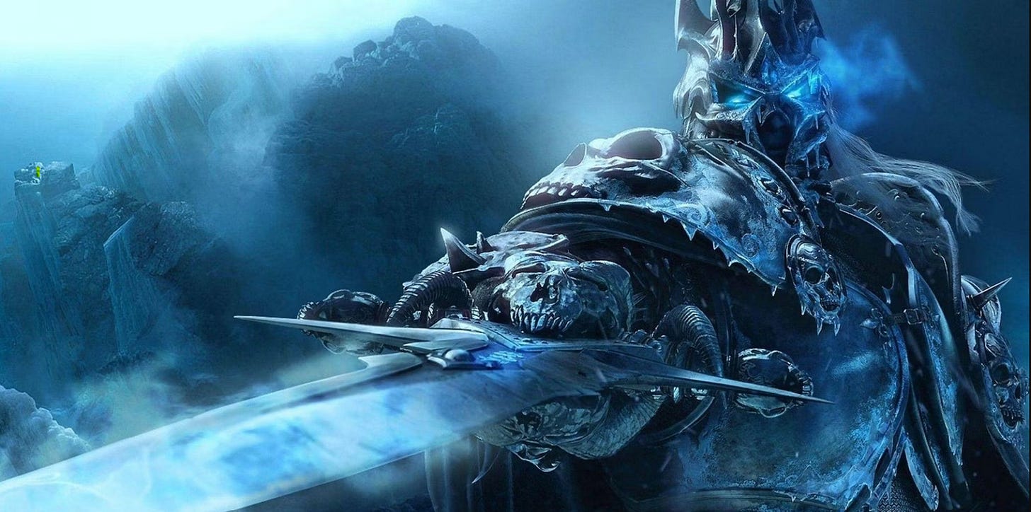 picture of World of Warcraft character Arthas Menethil as the Lich King. he wears black plate armor covered in skulls and frost and is brandishing Frostmourne, a cursed blade with a skull at the hilt