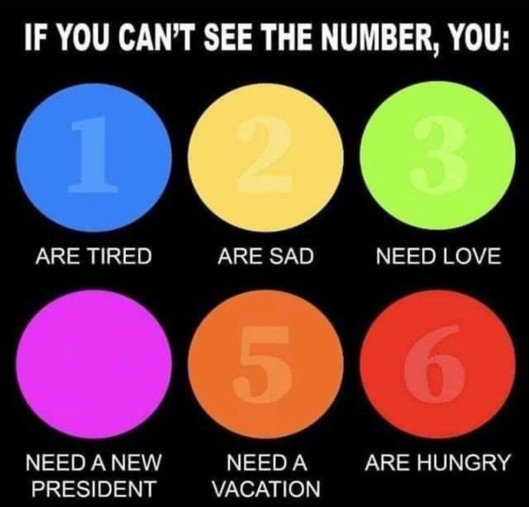 May be an image of text that says 'IF YOU CAN'T SEE THE NUMBER, YOU: 1 ARE TIRED 3 ARE SAD NEED LOVE 5 NEED ANEW PRESIDENT NEED A VACATION ARE HUNGRY'