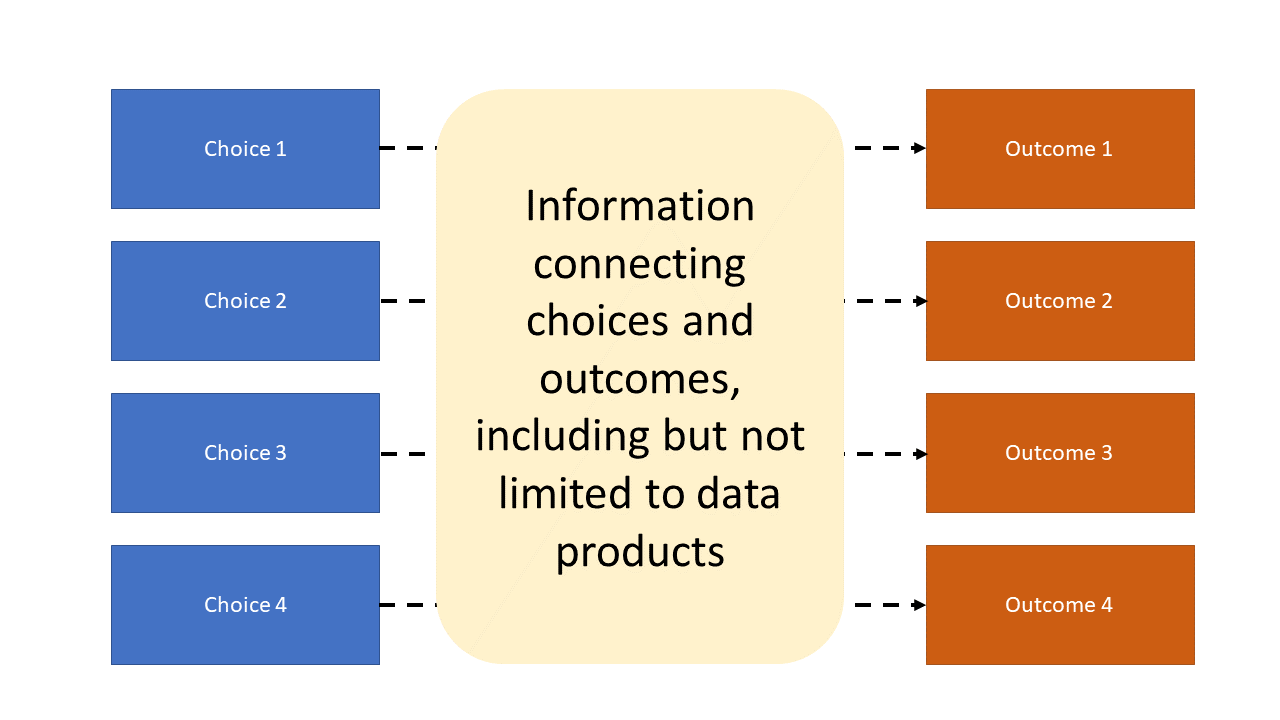 Diagram showing that information including data products is needed to map choicecs to outcomes in decision making