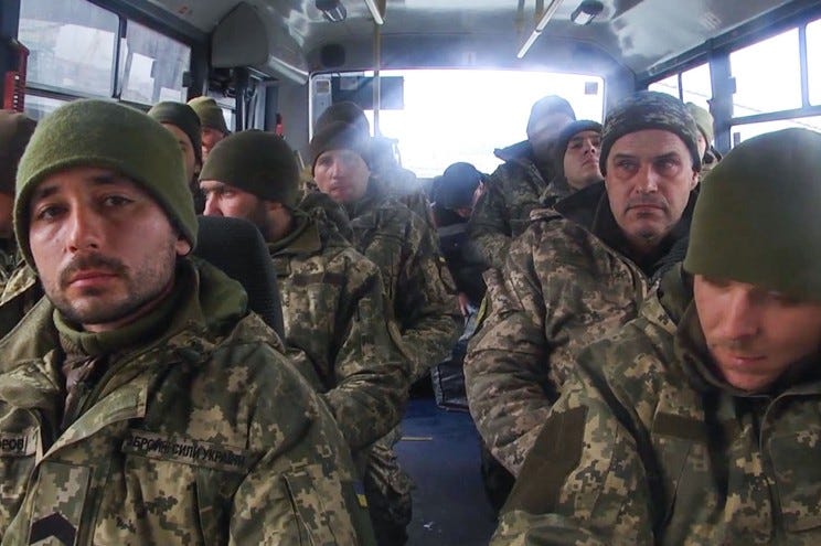 A bus of Ukrainian servicemen from Zmeiny Island who had to surrender to Russian troops on FEBRUARY 26, 2022.