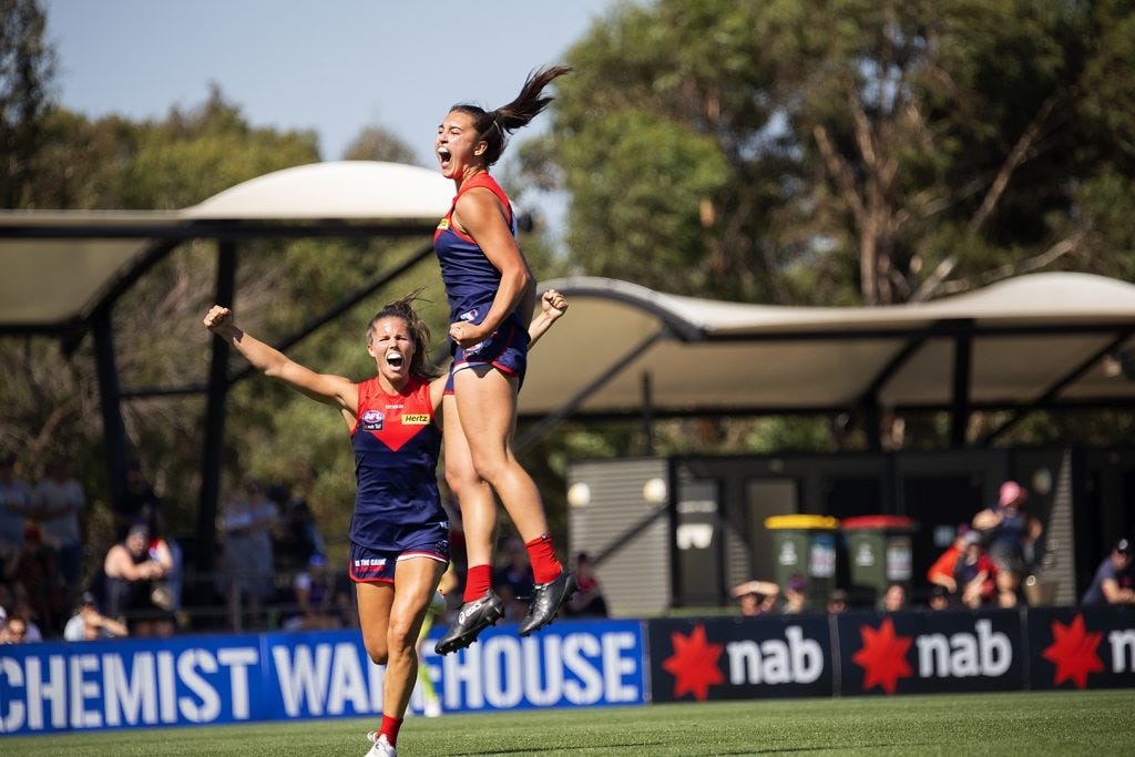 Brenna Tarrant kicked her first AFLW goal in Melbourne's semi final win over Fremantle this year. Image: Megan Brewer