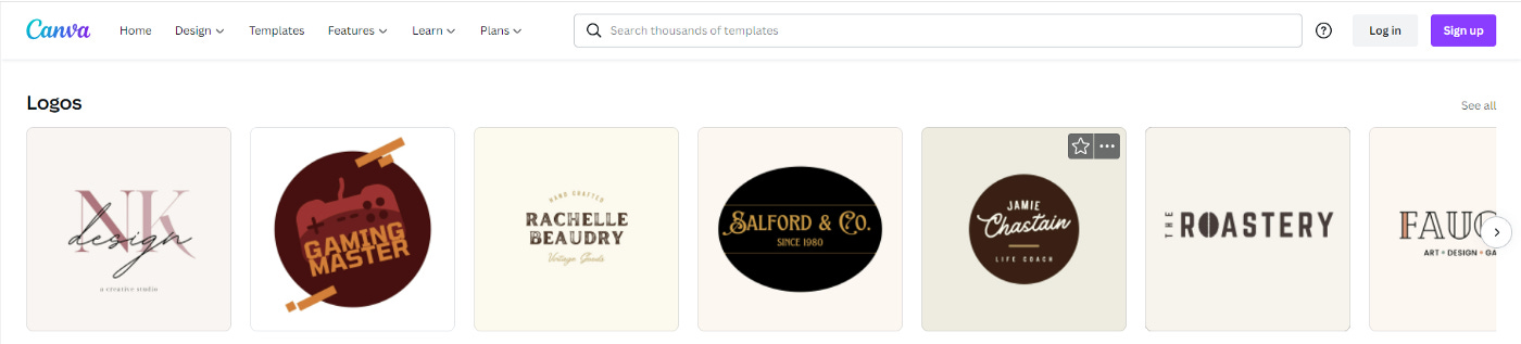 The Canva menu is shown, along with a subsection called “Logos”. Some examples of possible templates exist, along with a link in the top right called “See all”.
