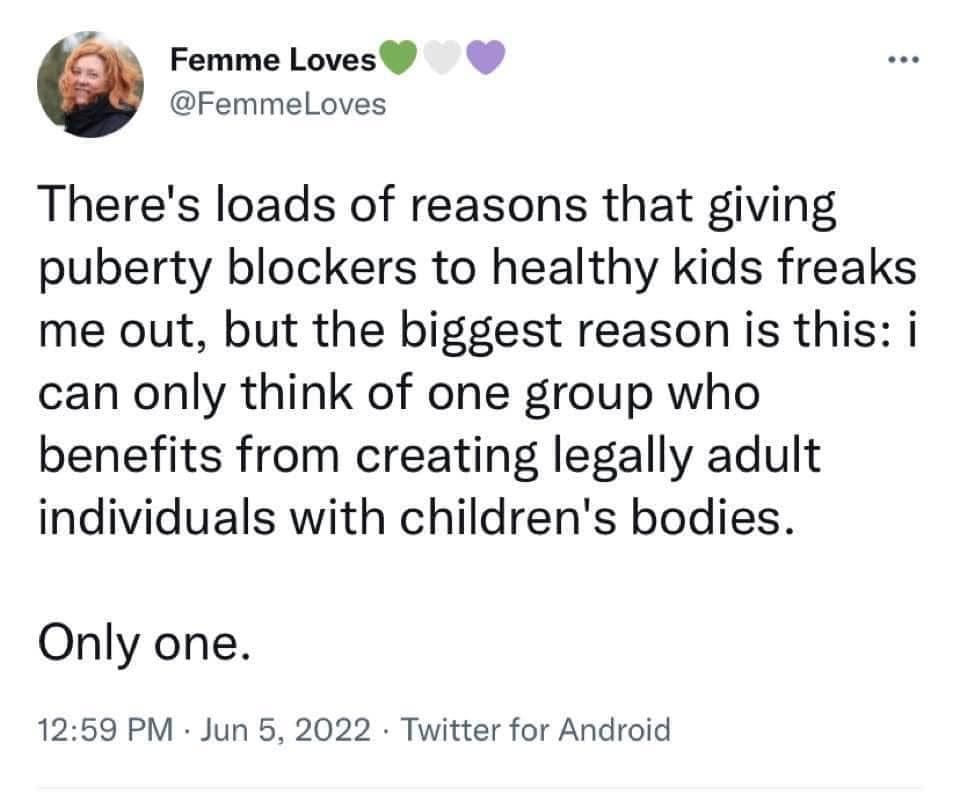 May be a Twitter screenshot of 1 person and text that says 'Femme Loves @FemmeLoves There's loads of reasons that giving puberty blockers to healthy kids freaks me out, but the biggest reason is this: i can only think of one group who benefits from creating legally adult individuals with children's bodies. Only one. 12:59 PM Jun 5, 2022 Twitter for Android'
