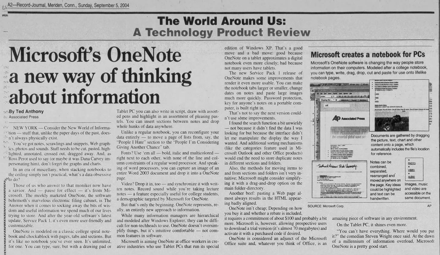 Technology Review (Scanned newspaper article) "Microsoft's OneNote a new way of thinking about information"
