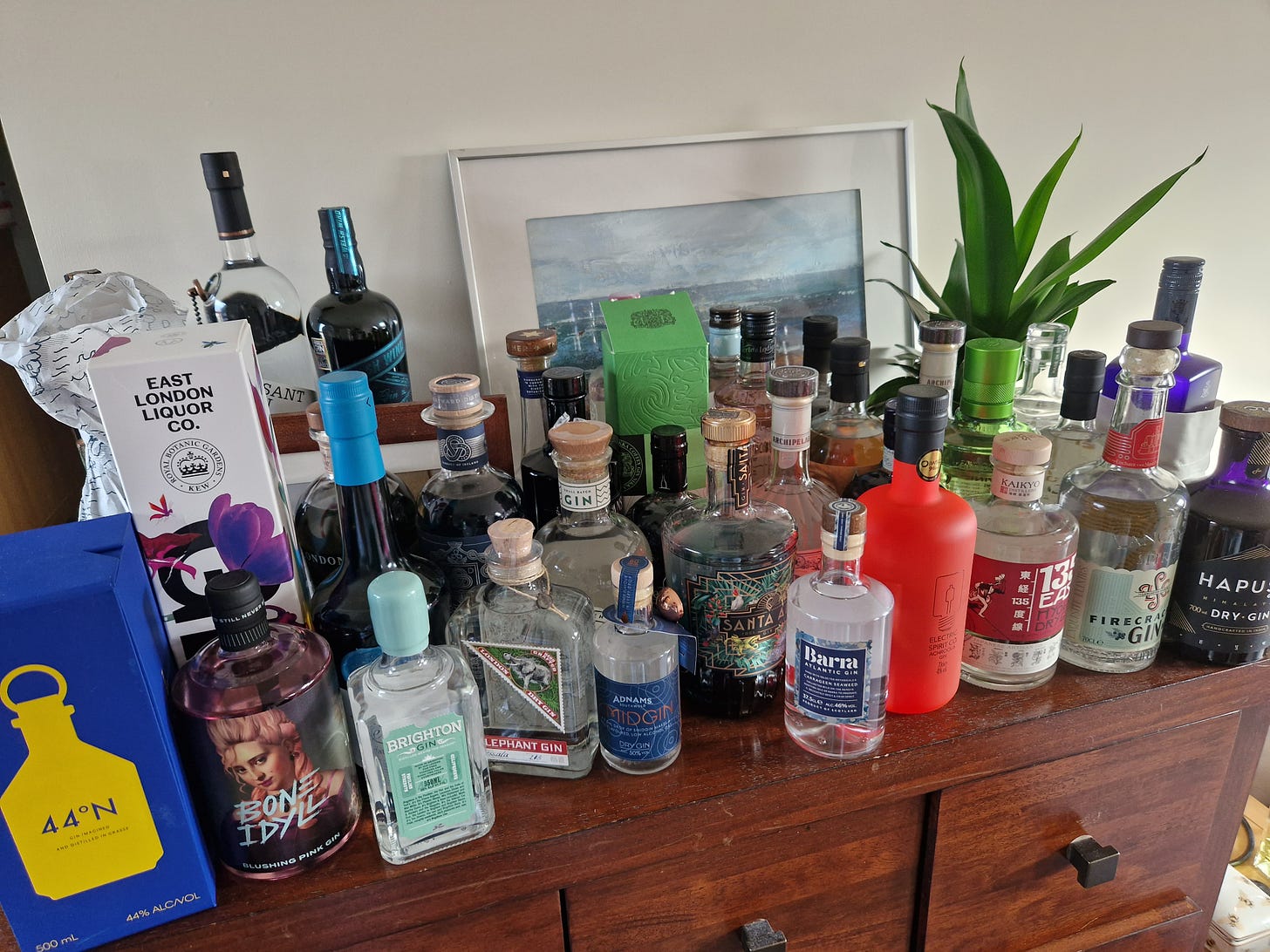 30 bottles of gin squeezed together on top of a chest of drawers. A painting and a pot plant are just visible behind all the booze. There's a lot of booze.