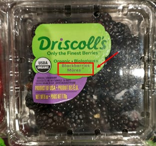 carton of blackberries, labeled in both english and french