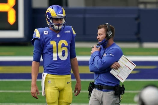 In this Oct. 4, 2020, file photo, Los Angeles Rams head coach Sean McVay, right, talks to quarterback Jared Goff (16) during the second half of an NFL football game  in Inglewood. (AP Photo/Jae C. Hong, File)
