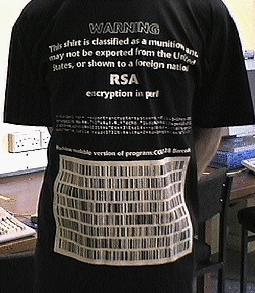 A black t-shirt featuring the code for RSA encryption printed on the shirt.