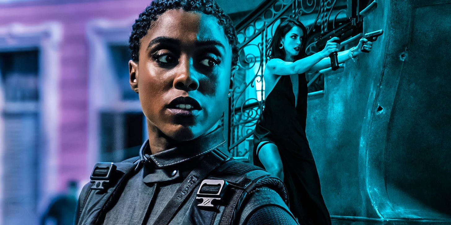 This collage photo features the No Time to Die characters Nomi (played by Lashana Lynch) and Paloma (played by Ana de Armas).