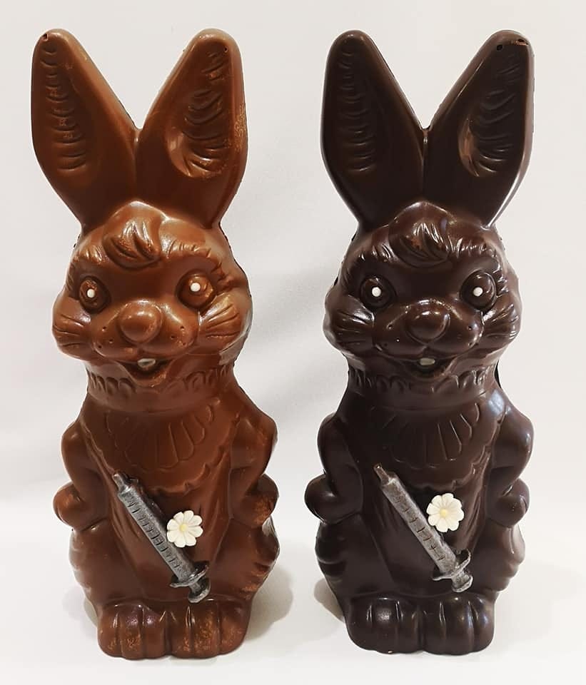 Confectioner Makes Chocolate Bunnies Holding Vaccines for Easter