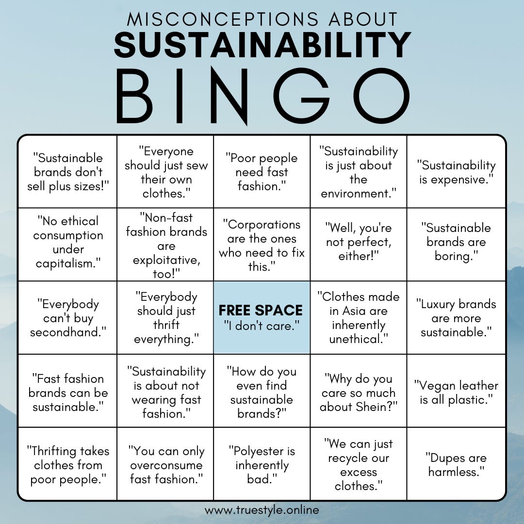 Bingo card depicting 24 myths about sustainability with free space "I don't care." 