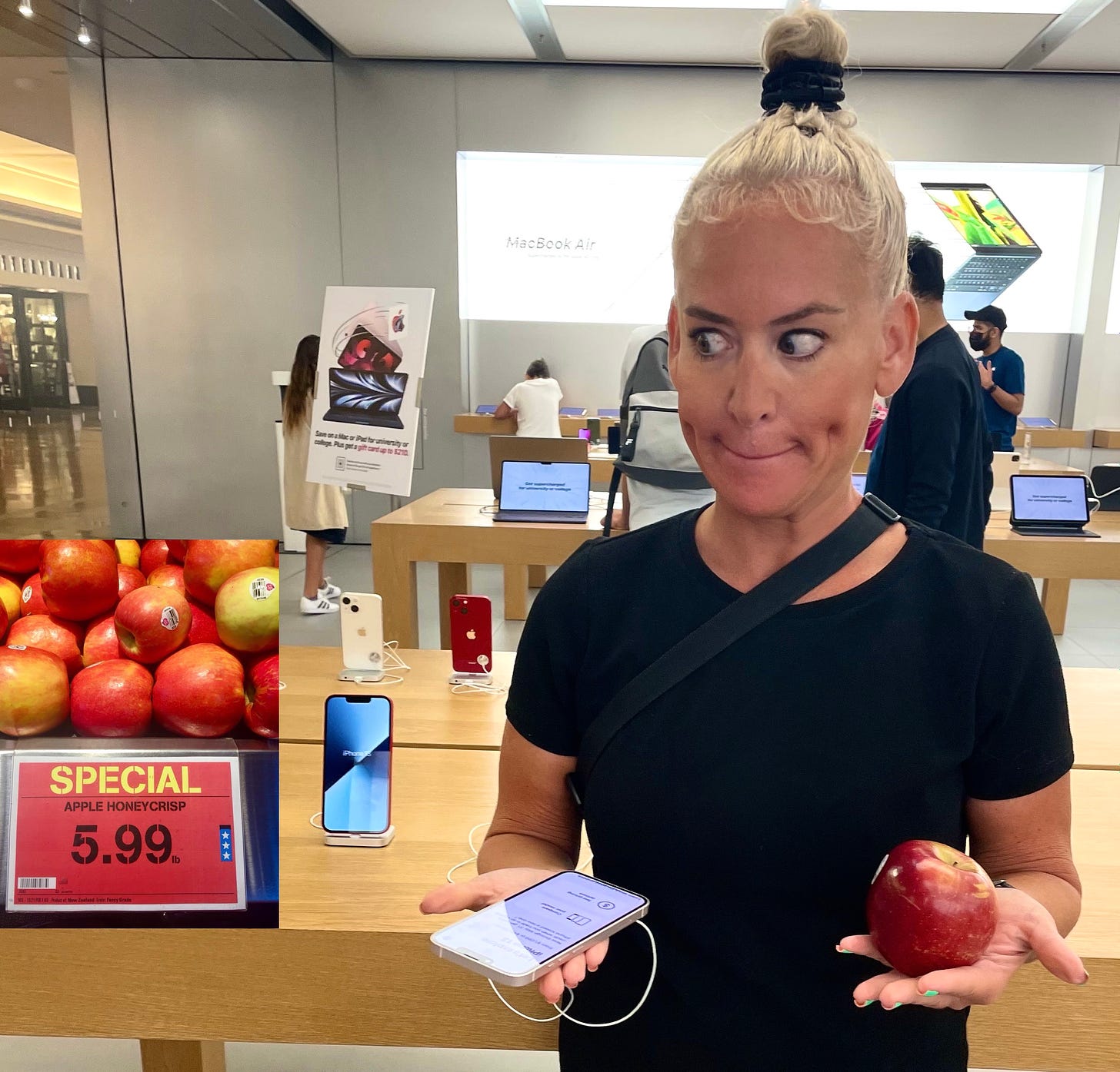 Dahlia Kurtz pictured in an Apple Store. Holding an apple in one hand and iPhone in the other. And she says, "Got a sneak peek of Apple's new iPhone 14. Gotta say, it's kinda expensive for my blood. At $5.99/lb, I expect it to connect to the Internet."