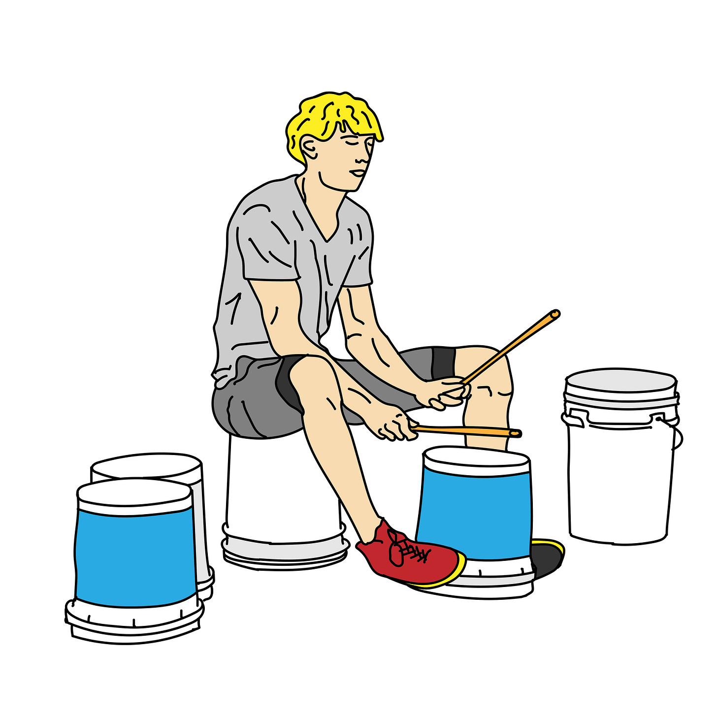 Drawing of a blonde kid in shorts playing drums on plastic barrels