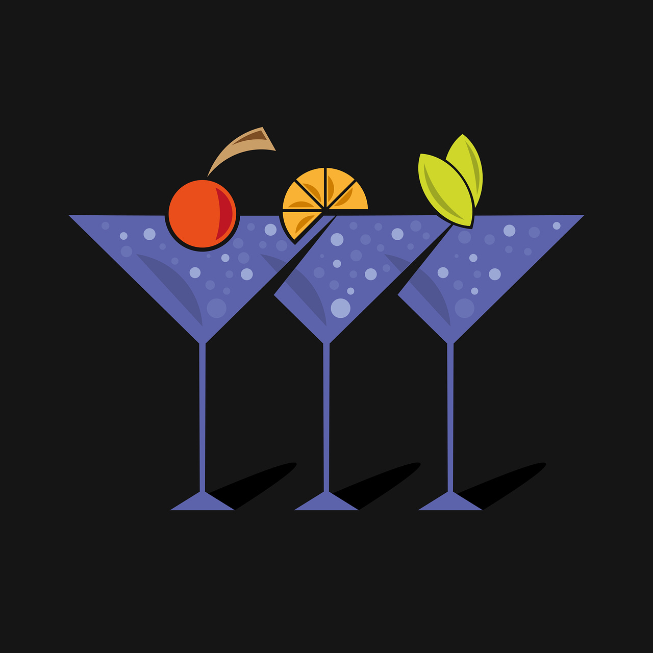 Vector image of three fruity alcoholic cocktails